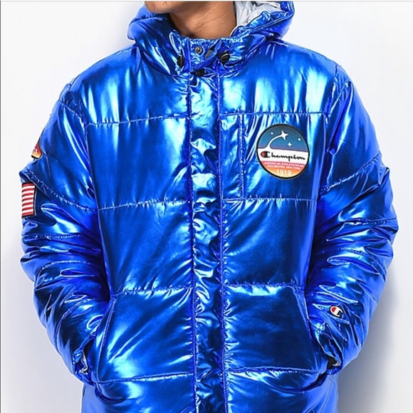 blue metallic puffer jacket
